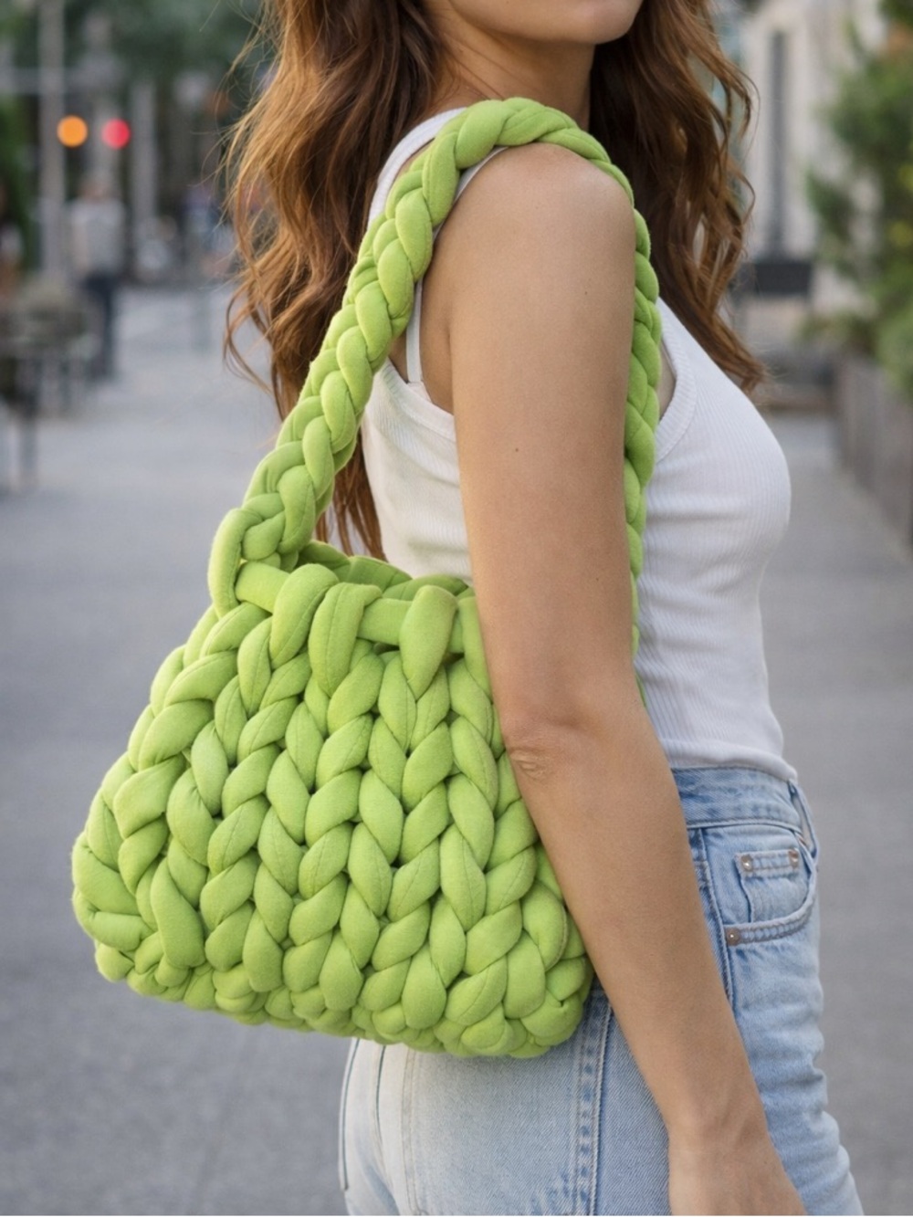 Chunky Knit Shoulder Bag in Lime Green